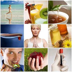Collage of pictures of healthy foods and people exercising